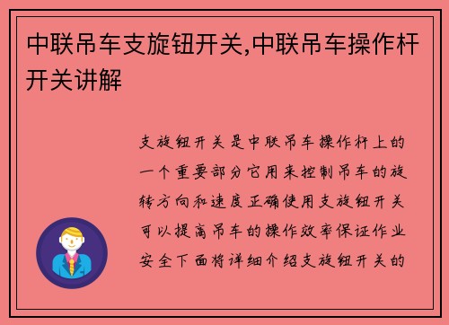 中联吊车支旋钮开关,中联吊车操作杆开关讲解