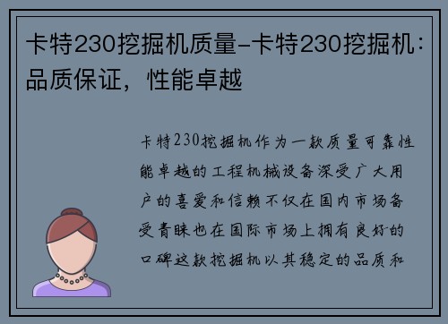 卡特230挖掘机质量-卡特230挖掘机：品质保证，性能卓越